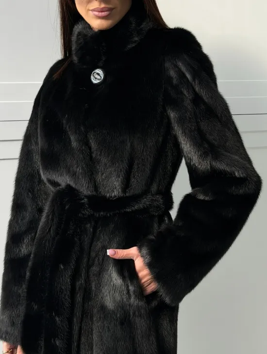 Черная норковая шуба - воротник стойка - фото 1