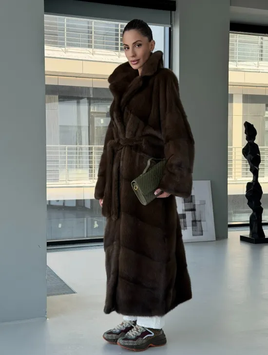 Коричневая норковая шуба - кимоно - фото 10