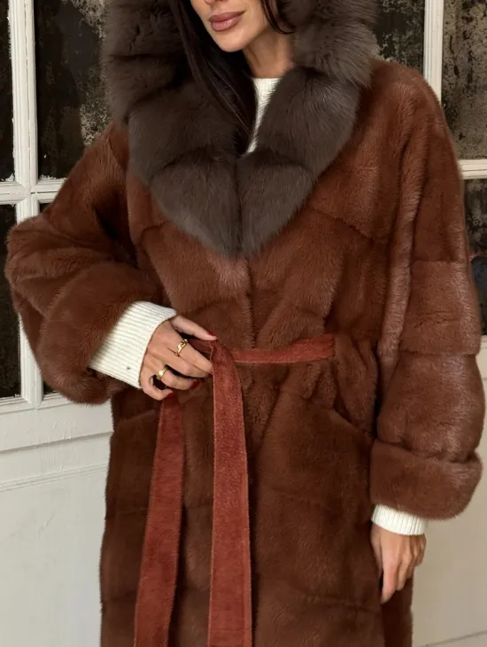 Эксклюзивная норковая шуба с капюшоном из куницы - цвет терракотовый - фото 1
