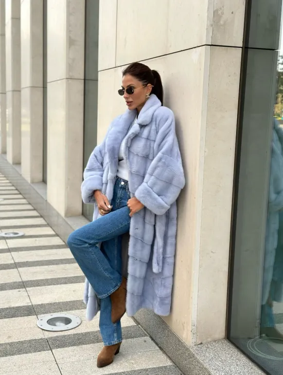 Голубая шуба из плюшевой норки, английский воротник - фото 5