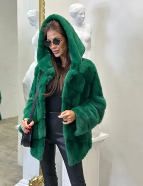 Норковый полушубок с капюшоном - цвет изумруд - фото 5