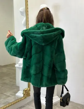 Норковый полушубок с капюшоном - цвет изумруд - фото 3