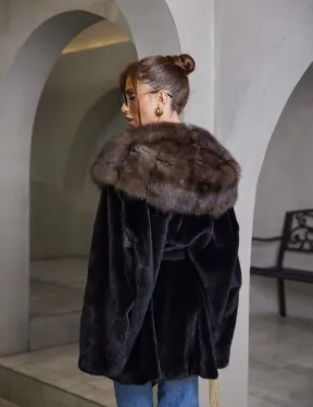 норка в роспуск шуба - черная с капюшоном куница - фото 3