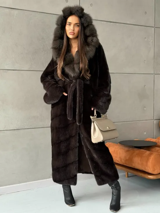 Шуба норковая с капюшоном из меха куницы - цвет уголь - фото 5
