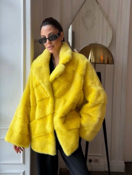 Норковый полушубок английский воротник, паркет - цвет лимонный - фото 5
