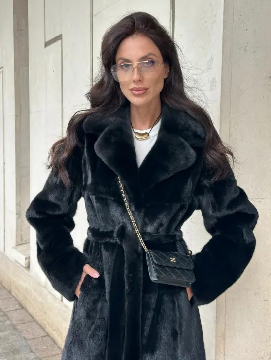 Черная норковая шуба NAFA MINK с поясом в пол - фото 1